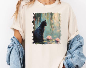 Monet Cat Shirt, Comfort Colors Black Cat Lily Pond Tee, Monet Painting Shirt, Gift for Cat Lover, Artistic Cat Art Top