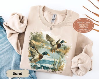 Retro Mallard Duck Sweatshirt, Vintage Duck Hunting Shirt, Rustic Wildlife Tee, Fall Outdoors Gift, Waterfowl Nature Scene Crewneck Sweater