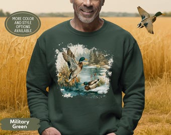 Retro Mallard Duck Sweatshirt, Vintage Duck Hunting Shirt, Fall Outdoors Gift, Rustic Wildlife Crewneck Sweater, Unisex Nature Lover Tee