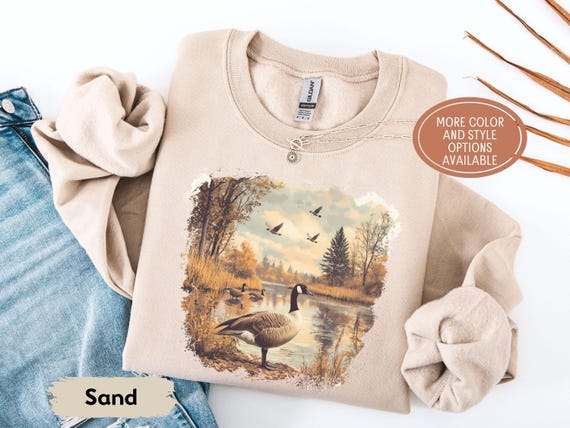 Retro Goose Fall Scene Sweatshirt, 90s Waterfowl Geese Nature Crewneck, Cozy Wildlife Outfit, Boho Unisex Bird Lover Sweater, Nature Gift