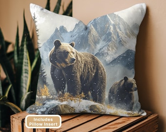 Retro Grizzly Bear Wilderness Pillow with Insert, Rustic Cabin Decor Throw Cushion, Cottage Camp Decorative Pillow, Mountain Scene Pillow