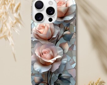 Pink Roses Stained Glass Phone Case, Floral Mosaic Tough iPhone Cover, Faux Stained Glass, Flower Lover Gift for iPhone 16 15 Pro Max