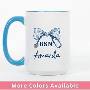 Personalized BSN Nurse Mug, Custom Name Coffee Cup, Coquette Floral Bow Gift for Nurse Appreciation or Graduation, Cute Nursing Student Gift