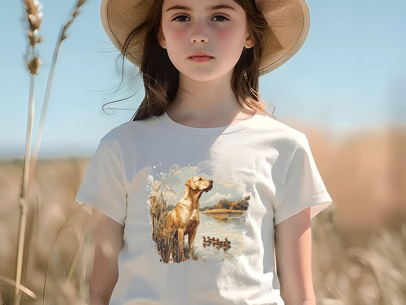 Retro duck hunting t-shirt featuring a yellow lab standing by a pond watching mallard ducks, printed design available in baby, toddler, youth, and adult sizes