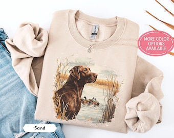 Sudadera retro de Labrador Chocolate con patos silvestres, suéter vintage de los noventa con labrador retriever para cazar patos, estilo bohemio nostálgico de los 90, unisex, con cuello redondo.