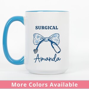 Personalized Surgical Nurse Mug, Custom Name Coffee Cup, Coquette Floral Bow Gift for Nurse Appreciation or Graduation, Nursing Student Gift