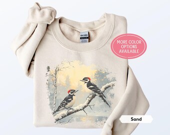 Retro Downy Woodpecker Sweatshirt, Vintage Winter Scene Crewneck, Birding Wildlife Nature Outfit, Boho 90s Nostalgia Birdwatcher Gift