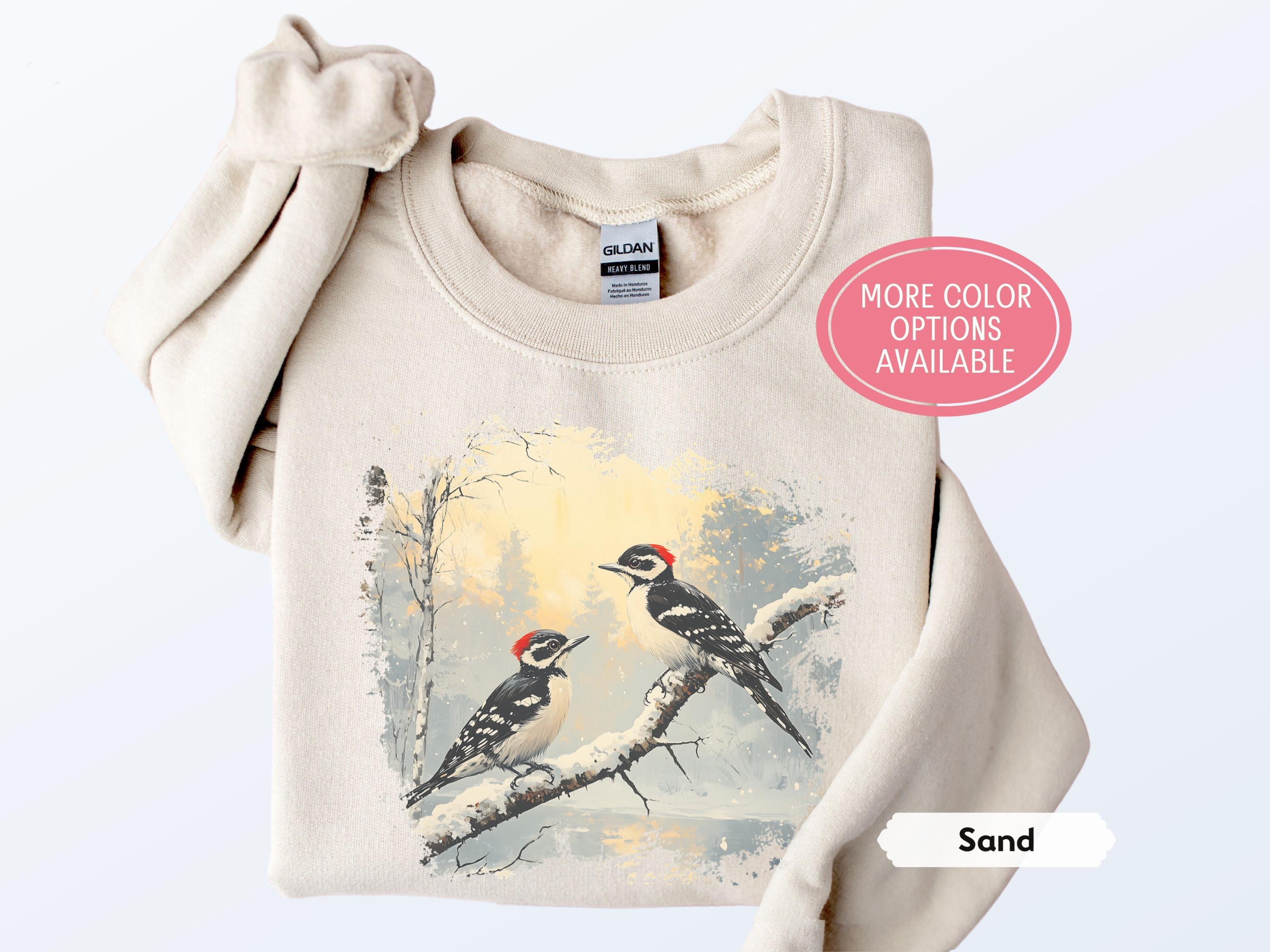 Retro Downy Woodpecker Sweatshirt, Vintage Winter Scene Crewneck, Birding Wildlife Nature Outfit, Boho 90s Nostalgia Birdwatcher Gift