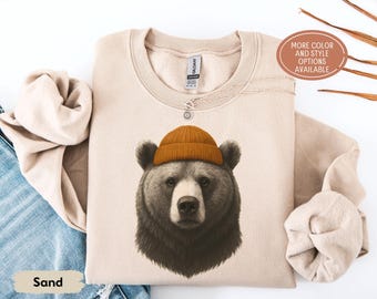 Grizzly Bear With Beanie Sweatshirt, Retro 90s Wildlife Camping Outfit, Forest Aesthetic T-Shirt, Nature Animals Graphic Crewneck Sweater