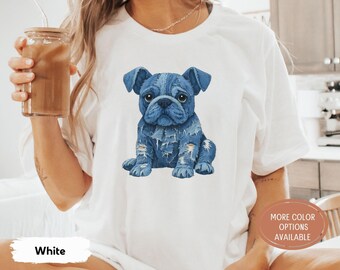 Dog Pattern Denim Shirt, Patchwork Art T-Shirt, Gift for Dog Mom, Retro Style Dog Tee, Cute French Bulldog Shirt