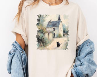 Monet Cat Shirt, Comfort Colors Black Cat Village Scene Tee, Monet Style Painting Shirt, Cute Cat Gift, Vintage Art Lover Tee