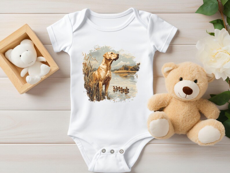 Retro duck hunting t-shirt featuring a yellow lab standing by a pond watching mallard ducks, printed design available in baby, toddler, youth, and adult sizes