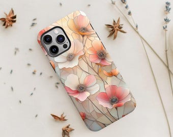 Stained Glass Cosmos Phone Case, Peach Blush Floral Mosaic Tough iPhone Cover, Faux Stained Glass, Flower Lover Gift for iPhone 16 15 Pro