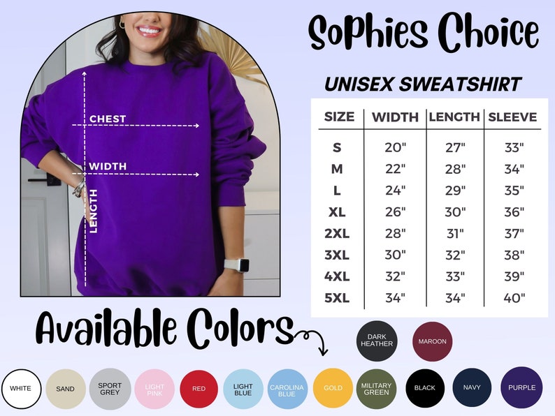 Puede incluir: Tabla de tallas para sudadera unisex con medidas en pulgadas para el pecho, el ancho, la longitud y la manga. Los colores disponibles incluyen blanco, arena, gris deportivo, rosa claro, rojo, azul claro, azul Carolina, dorado, verde militar, negro, azul marino, gris oscuro y granate.