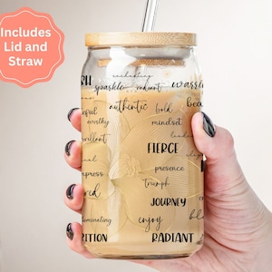 Positive Motivational Affirmation Glass Tumbler, 16oz Glass Iced Coffee Cup with Lid and Straw, Empowerment Gift For Women, Self Love Gift