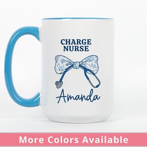 Personalized Charge Nurse Mug, Custom Name Coffee Cup, Coquette Floral Bow Gift for Nurse Appreciation or Graduation, Nursing Student Gift