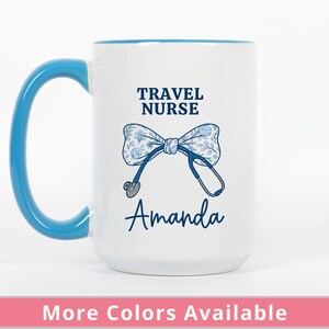 Personalized Travel Nurse Mug, Custom Name Coffee Cup, Coquette Floral Bow Gift for Nurse Appreciation or Graduation, Nursing Student Gift