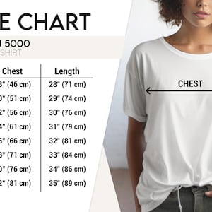 May include: Size chart for a Gildan 5000 unisex t-shirt. The chart shows the chest and length measurements in inches and centimeters for sizes S through 5XL.