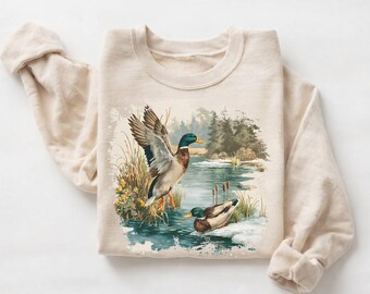 Retro Mallard Duck Pond Scene Sweatshirt Vintage Wildlife Nature Crewneck, Cabincore Fall Outdoors Sweater, Cozy Rustic Lake Cabin Pullover