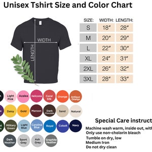 May include: Unisex t-shirt size and color chart with measurements in inches. The chart shows the width and length of the t-shirt in different sizes, from small to 3XL. The chart also includes a color palette with various colors, including white, black, light pink, azalea, heliconia, coral silk, orange, antique orange, red, purple, daisy, gold, maroon, dark chocolate, sand, natural, Irish green, forest green, military green, light blue, Carolina blue, royal, cobalt, navy, dark heather, sport grey, ash grey, and graphite heather.