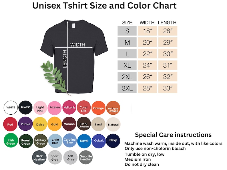 May include: Unisex t-shirt size and color chart with measurements in inches. The chart shows the width and length of the t-shirt in different sizes, from small to 3XL. The chart also includes a color palette with various colors, including white, black, light pink, azalea, heliconia, coral silk, orange, antique orange, red, purple, daisy, gold, maroon, dark chocolate, sand, natural, Irish green, forest green, military green, light blue, Carolina blue, royal, cobalt, navy, dark heather, sport grey, ash grey, and graphite heather.
