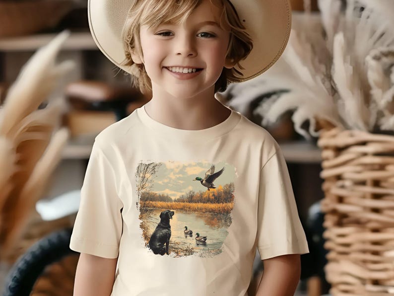 Retro duck hunting tshirt featuring a black lab and mallard ducks by a pond, printed outdoors scene for babies, kids, and adults, perfect for hunting families and dog lovers.