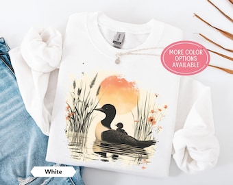 Retro Loon Sweatshirt, Rustic Wildlife Lake Scene with Mother and Baby Loon, Cabin Gift for Outdoorsy Mom, Birdwatcher Nature Lover Crewneck