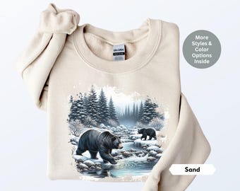 Retro Black Bear Winter Creek Scene Sweatshirt, Nineties Vintage Woodland Bear Shirt, Boho 90s Nostalgia Crewneck Sweatshirt, Unisex sizing
