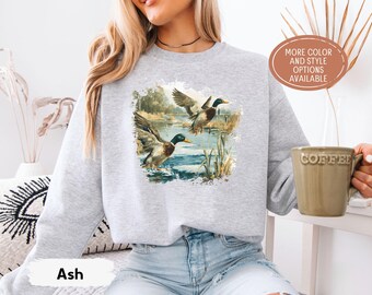 Retro Mallard Duck Sweatshirt, Vintage Duck Hunting Shirt, Rustic Wildlife Tee, Fall Outdoors Gift, Waterfowl Nature Scene Crewneck Sweater