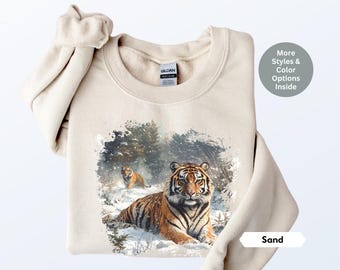 Sudadera retro con escena de bosque invernal de tigre siberiano, estilo años noventa con tigres en la nieve, sudadera unisex de cuello redondo estilo boho.