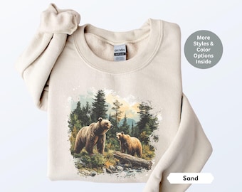 Retro Grizzly Bear Wilderness Scene Sweatshirt, Nineties Vintage Brown Bear Shirt, Boho 90s Nostalgia Crewneck Sweatshirt, Unisex sizing