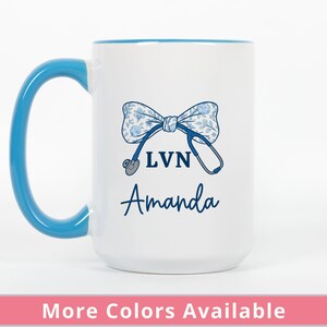Personalized LVN Nurse Mug, Custom Name Coffee Cup, Coquette Floral Bow Gift for Nurse Appreciation or Graduation, Cute Nursing Student Gift