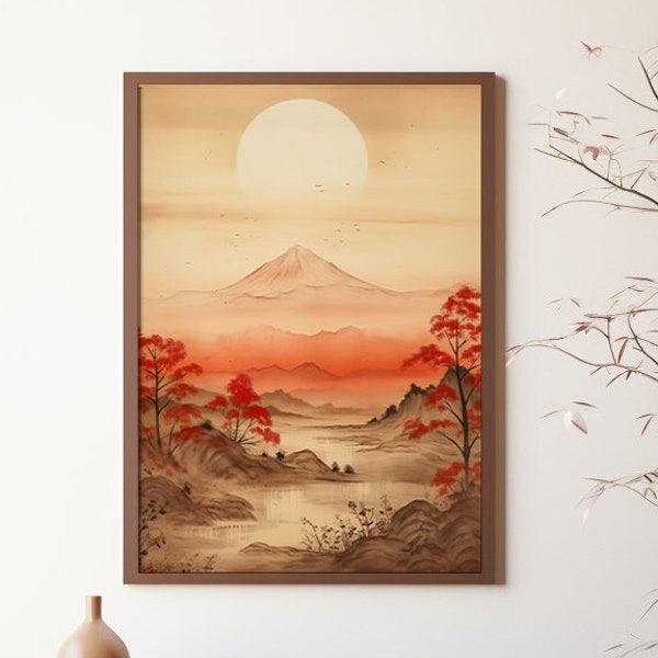 Japanische Landschaft Aquarell Malerei Wand Kunst Sonnenuntergang Berg Fluss Herbst Szene für Zuhause