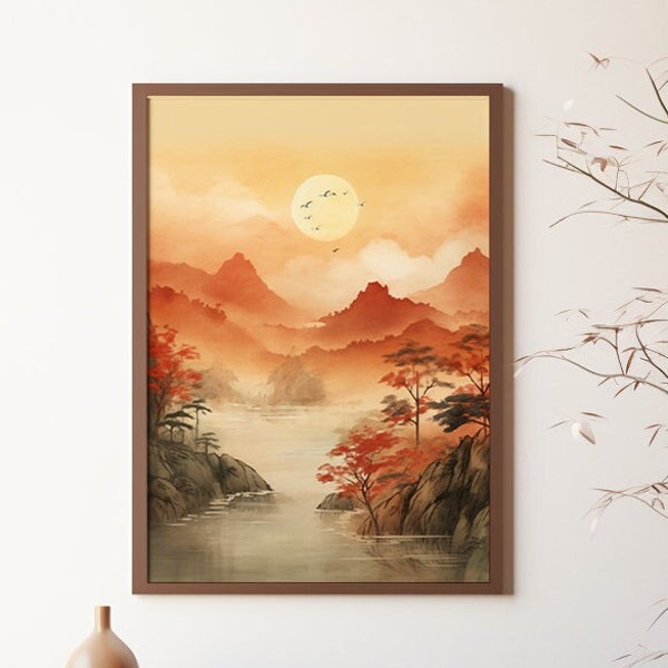 Japanische Landschaft Aquarell Malerei Wand Kunst Berg Fluss Herbst Szene für Haus