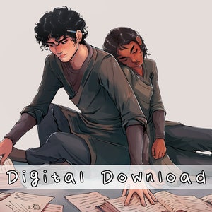 May include: Two people are sitting on the floor surrounded by open books. The person on the left is wearing a dark green shirt and black trousers. The person on the right is wearing a light green shirt and black trousers. The person on the left is looking at the book in their hand. The person on the right is leaning their head on the person on the left's shoulder. The text "Digital Download" is visible at the bottom of the image.