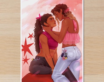 May include: An art print featuring two figures in a tender embrace. One figure wears a pink top and white jeans, the other a pink top and dark pants. The background is a soft pink with star accents.