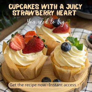 Recept voor met aardbeien gevulde cupcake | Directe pdf-download | Gezellig huisgemaakt dessert | Afdrukbare receptenkaart | PDF met eenvoudig bakrecept