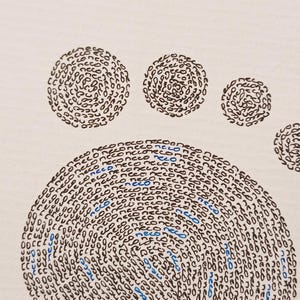 Detail van de de teentjes van een babyvoetje gemaakt met handgeschreven woorden in zwart en blauw.