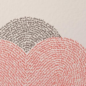 detail of two hearts in black and red,  madd with written words.