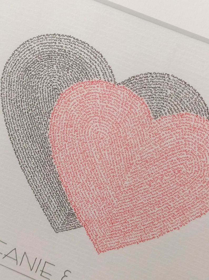 Op de afbeelding: Twee in elkaar verweven harten gevormd door handgeschreven woorden in zwarte en rode inkt. De namen van het couple staan onder de harten.