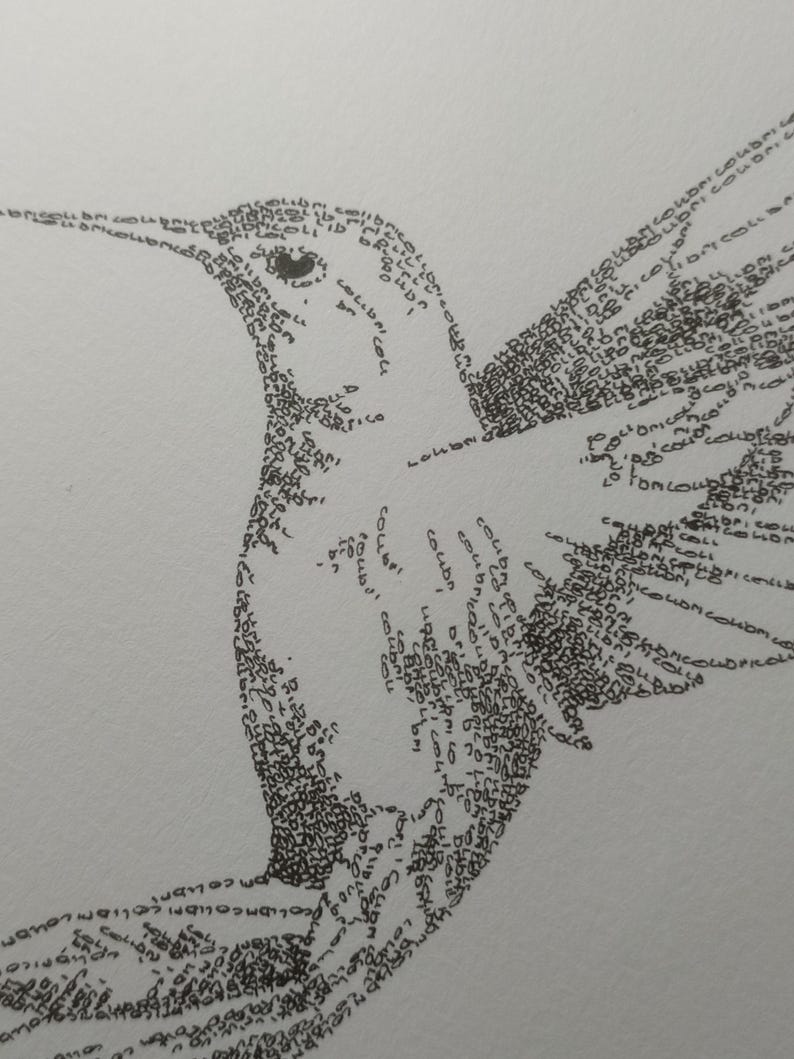 May include: A black and white illustration of a hummingbird made entirely of the word "COLL" repeated many times. The hummingbird is facing to the right and has its wings spread out.