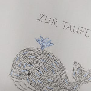 Close up photo of an image of a baby whale. The complete image consists entirely of handwritten words. In this image the words are hundreds of times the name of the newborn baby.