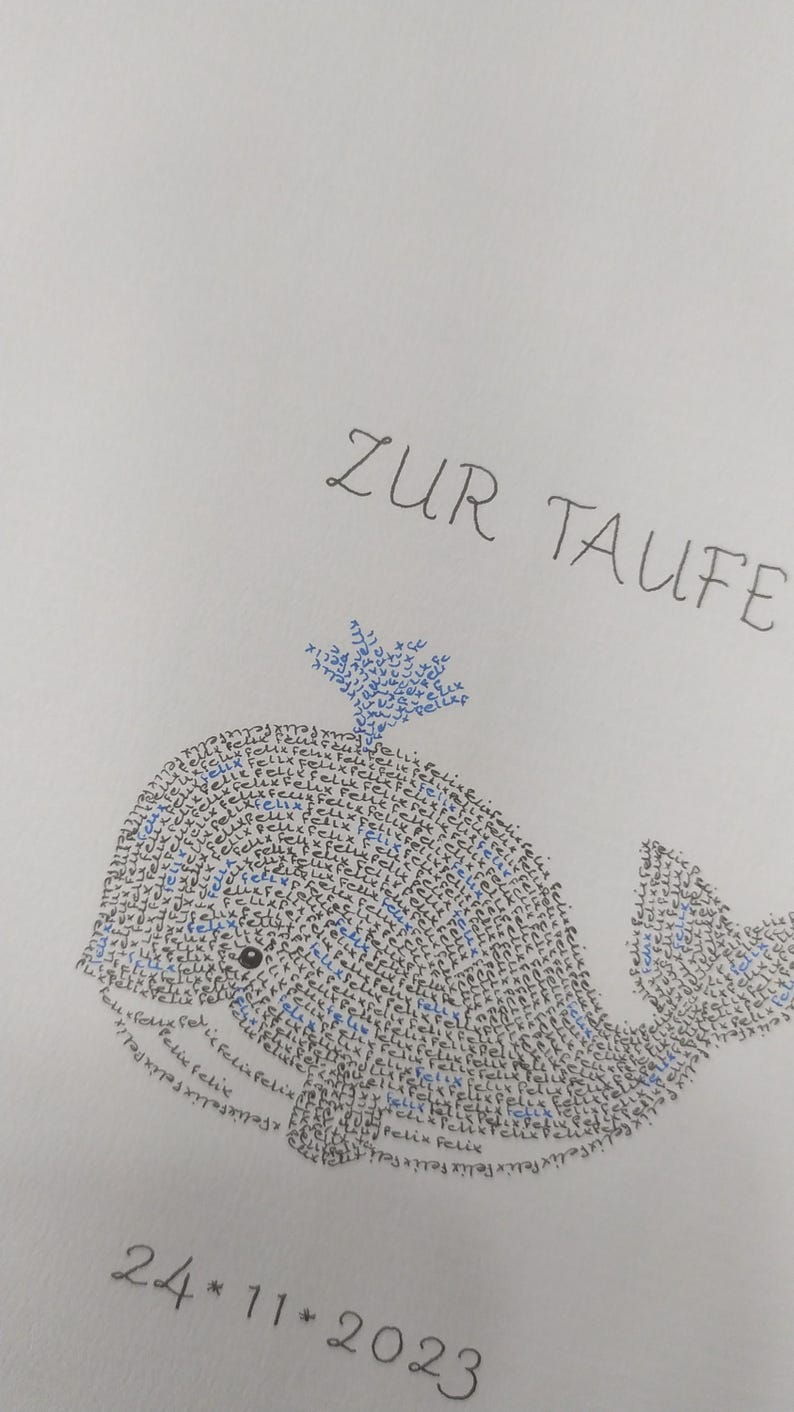 Close up photo of an image of a baby whale. The complete image consists entirely of handwritten words. In this image the words are hundreds of times the name of the newborn baby.