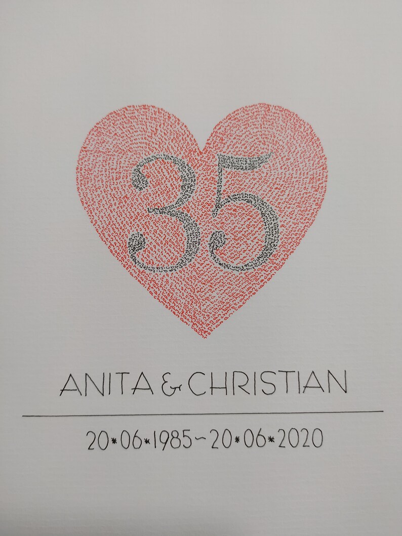 Op de afbeelding: Een witte afbeelding met een groot rood hart dat is opgebouwd uit kleine herhaalde tekst. In het midden van het hart staat het getal 35 in een zwarte kleur. Onder het hart staat ANITA & CHRISTIAN, gevolgd door de datum 20*06*1985~20*06*2020.