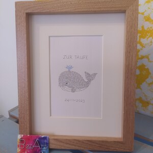 Front view of an image of a baby whale. The complete image consists entirely of handwritten words. In this image the words are hundreds of times the name of the newborn baby.
Under the baby whale is written the date of the baptism.
