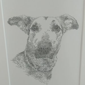 May include: A black and white illustration of a dog's head, created using a pointillist technique with small dots.