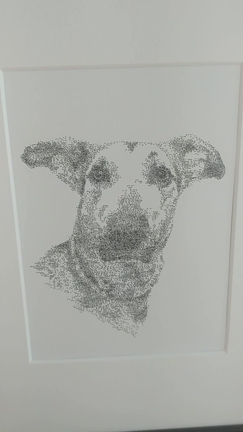May include: A black and white illustration of a dog's head, created using a pointillist technique with small dots.
