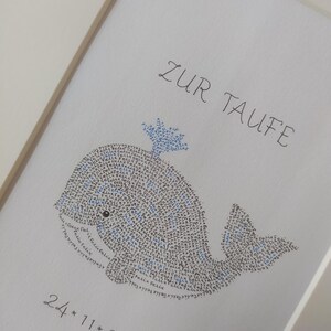Close up photo of an image of a baby whale. The complete image consists entirely of handwritten words. In this image the words are hundreds of times the name of the newborn baby.
Under the baby whale is written the date of the baptism.