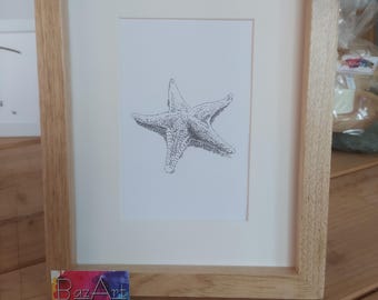 Pode incluir: Um desenho a preto e branco de uma estrela do mar emoldurado. A moldura é de madeira clara e tem um passe-partout branco. O desenho é assinado "BazArt" no canto inferior direito.