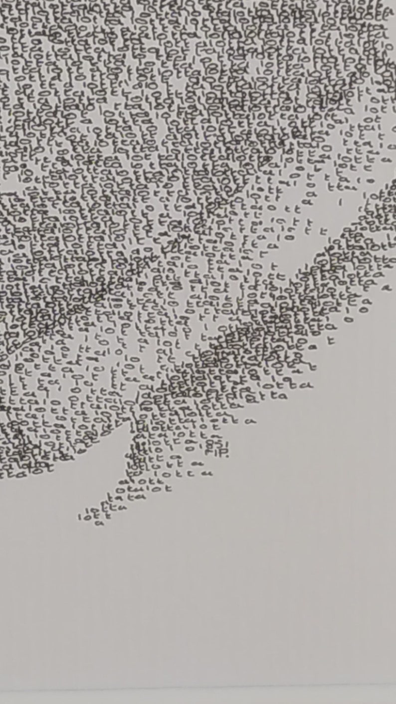 May include: A black and white image of a person's face created using the word "lot" repeated many times.